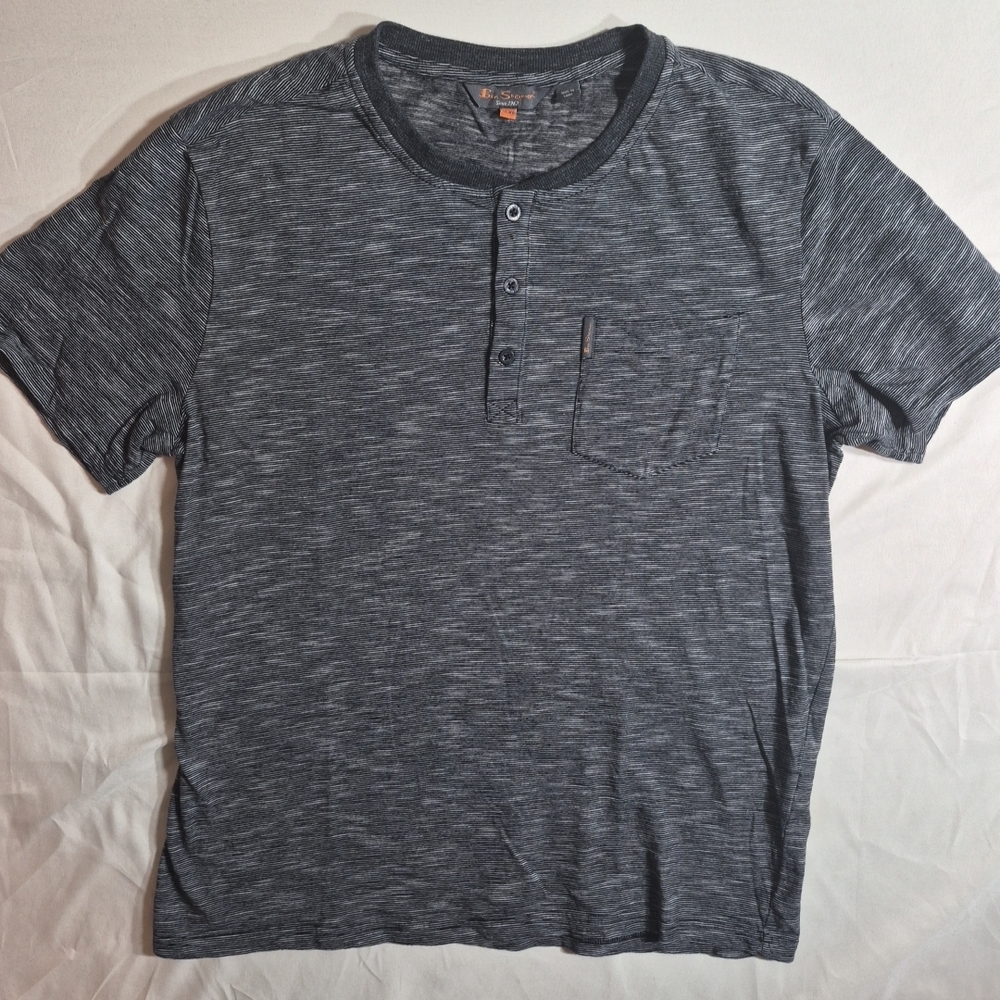 Ben Sherman Henley Shirt Mens XL Gray Striped Short Sleeve Pocket Casual